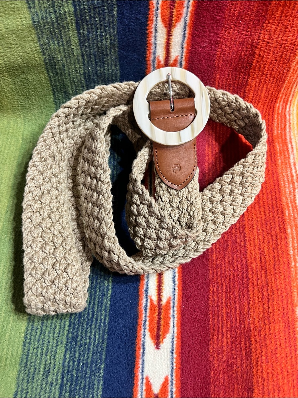 Lauren Ralph Lauren Braided Beige Belt with Ivory Round Buckle